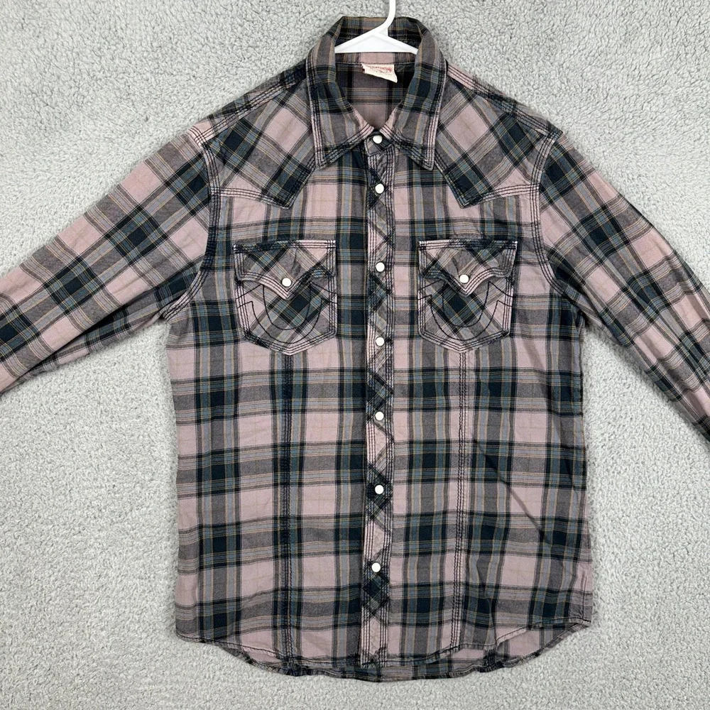 True Religion Shirt Western Mens Medium Pink Blue Pearl Snap Button Flap Pocket